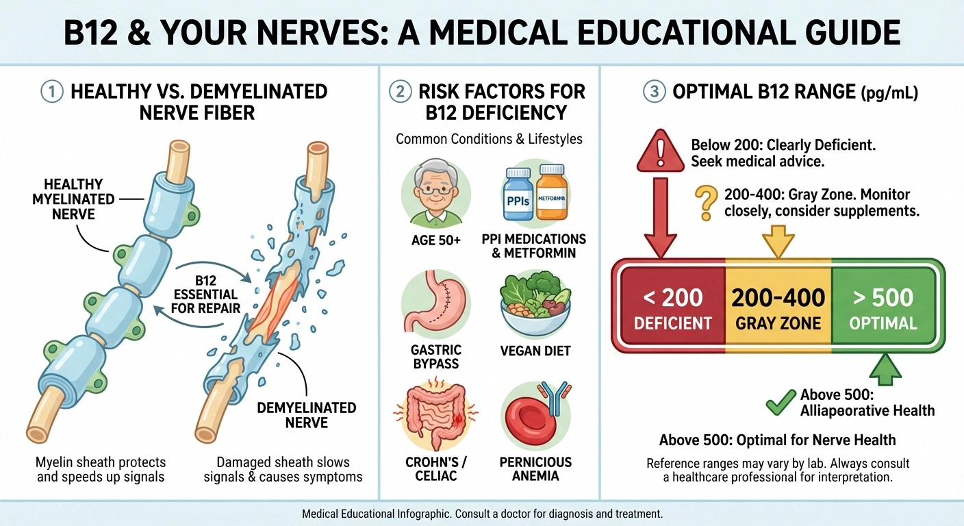 Infographic showing B12 deficiency risk factors, nerve damage mechanism, and optimal B12 blood level ranges for neuropathy patients