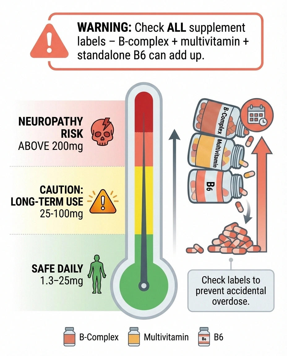 Vitamin B6 safety dosage guide for neuropathy patients showing safe, caution, and danger zones with warning about cumulative supplement doses