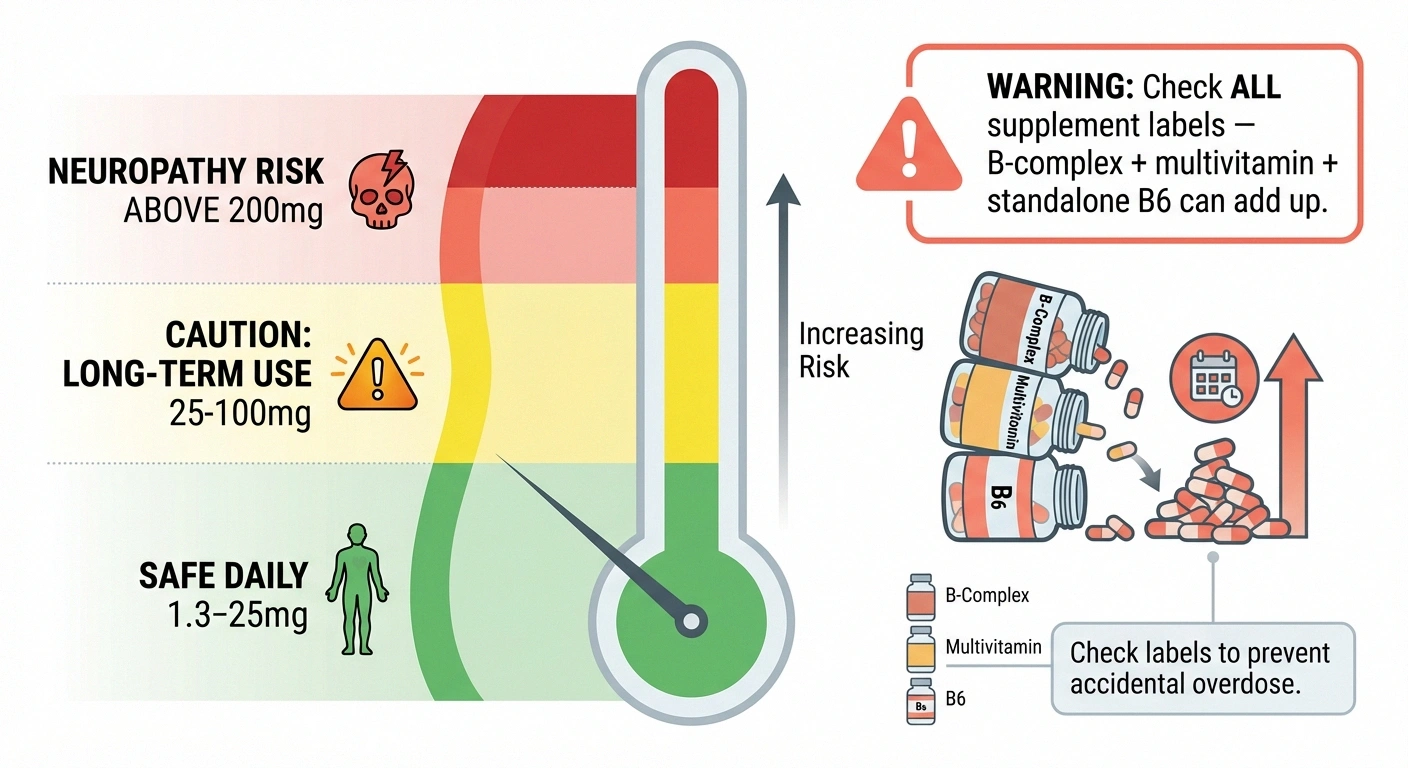 Vitamin B6 safety dosage guide for neuropathy patients showing safe, caution, and danger zones with warning about cumulative supplement doses