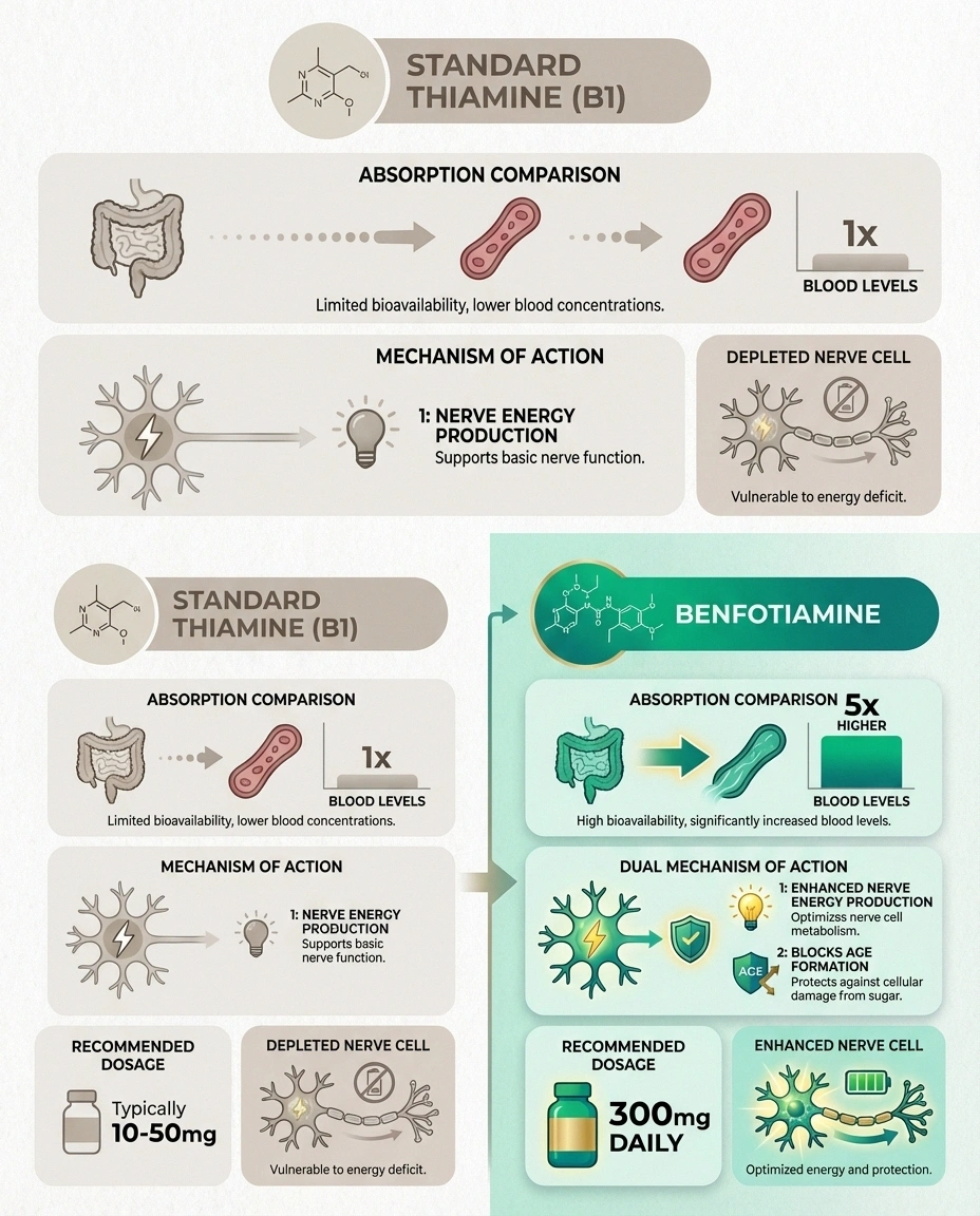 Comparison infographic of standard thiamine versus benfotiamine for neuropathy showing absorption rates and dual mechanism of action
