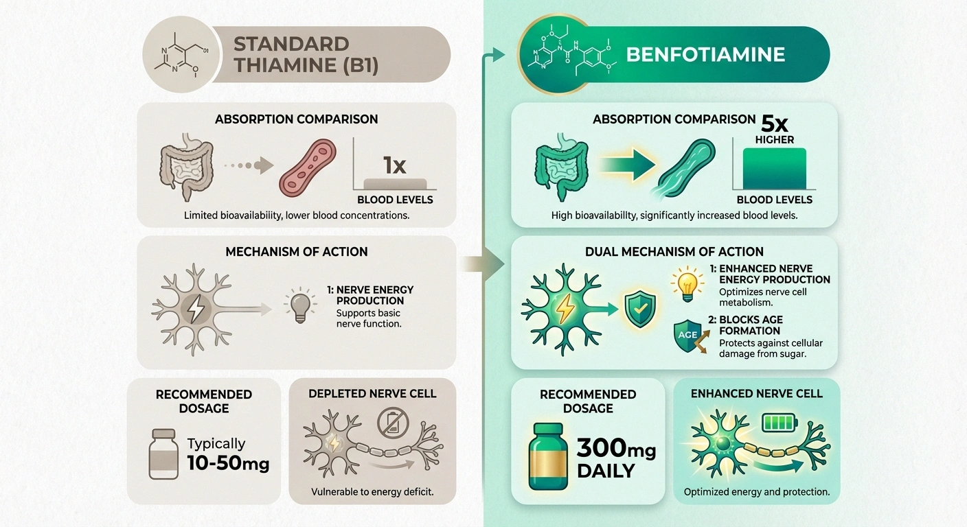 Comparison infographic of standard thiamine versus benfotiamine for neuropathy showing absorption rates and dual mechanism of action