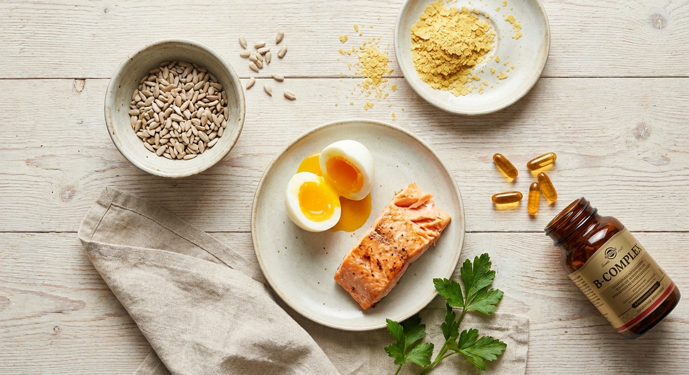 B-vitamin rich foods including egg, salmon, sunflower seeds, and nutritional yeast alongside B-complex supplements for nerve health