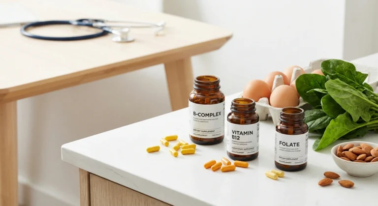 B vitamin supplements and B-vitamin rich foods including eggs, leafy greens, and almonds for nerve health support