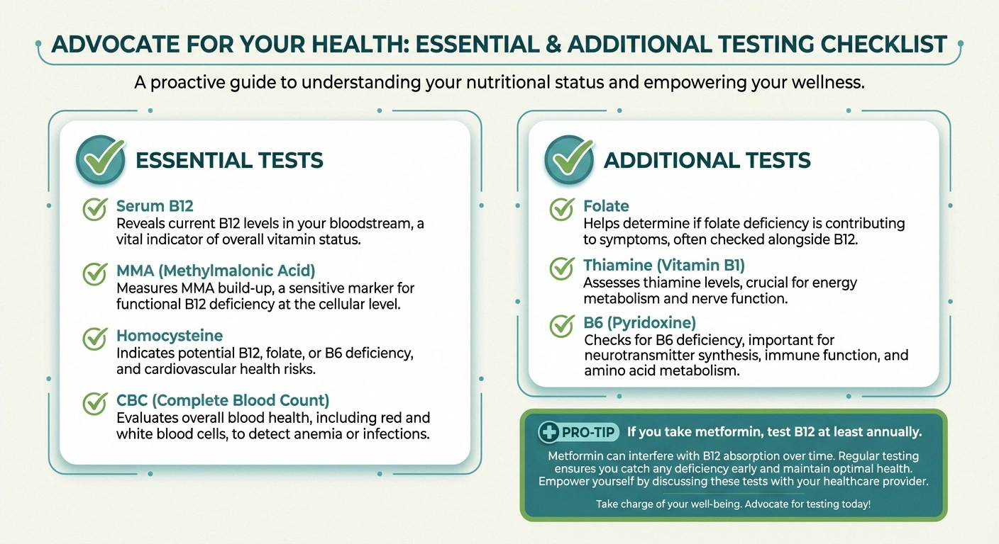 B vitamin testing checklist for neuropathy patients showing essential and additional blood tests to request from your doctor