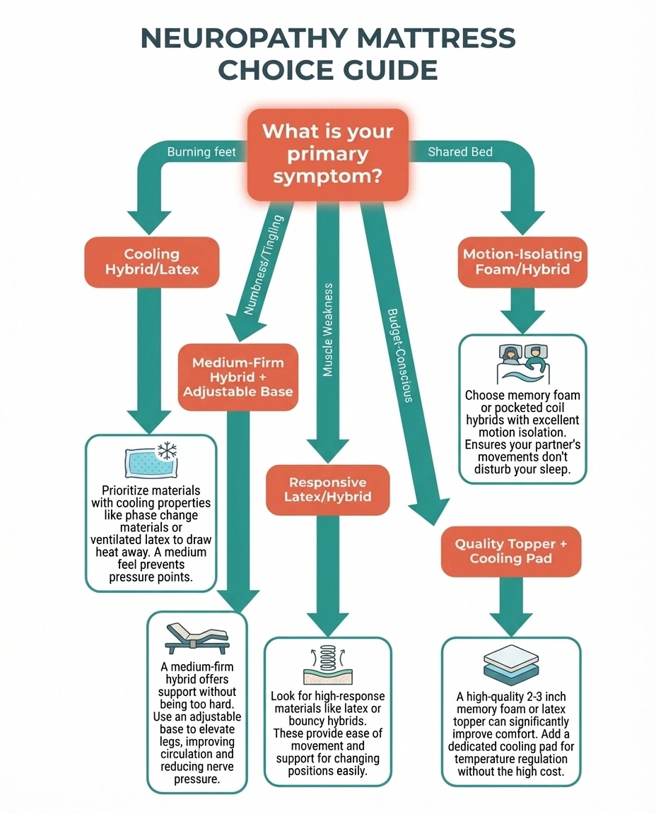 Decision flowchart for choosing the best mattress type based on specific neuropathy symptoms