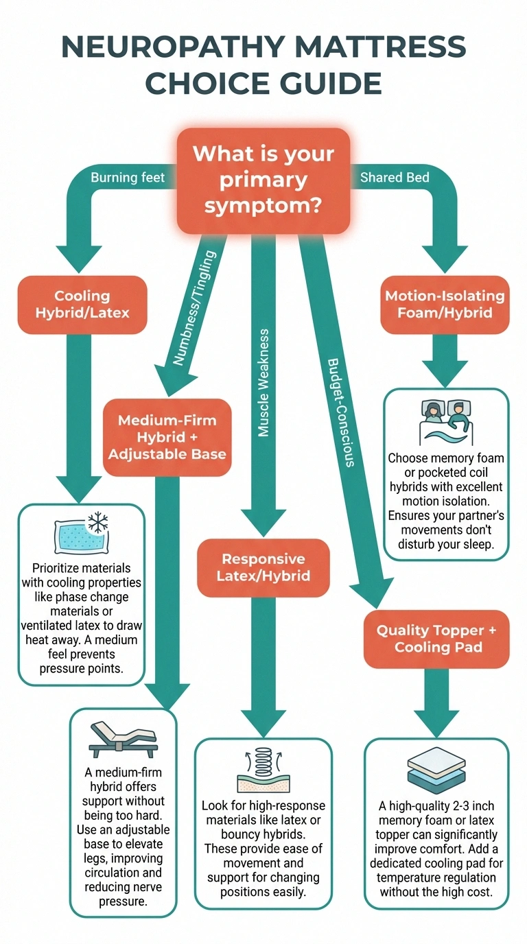 Decision flowchart for choosing the best mattress type based on specific neuropathy symptoms