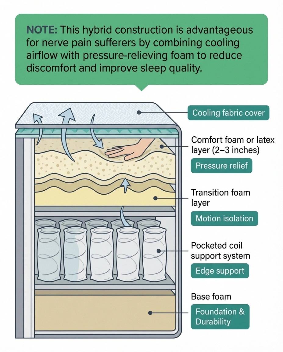 Cross-section infographic of hybrid mattress layers showing how coils and foam combine to relieve neuropathy pressure points while staying cool
