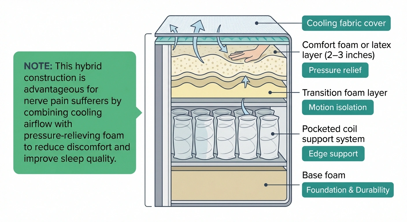 Cross-section infographic of hybrid mattress layers showing how coils and foam combine to relieve neuropathy pressure points while staying cool