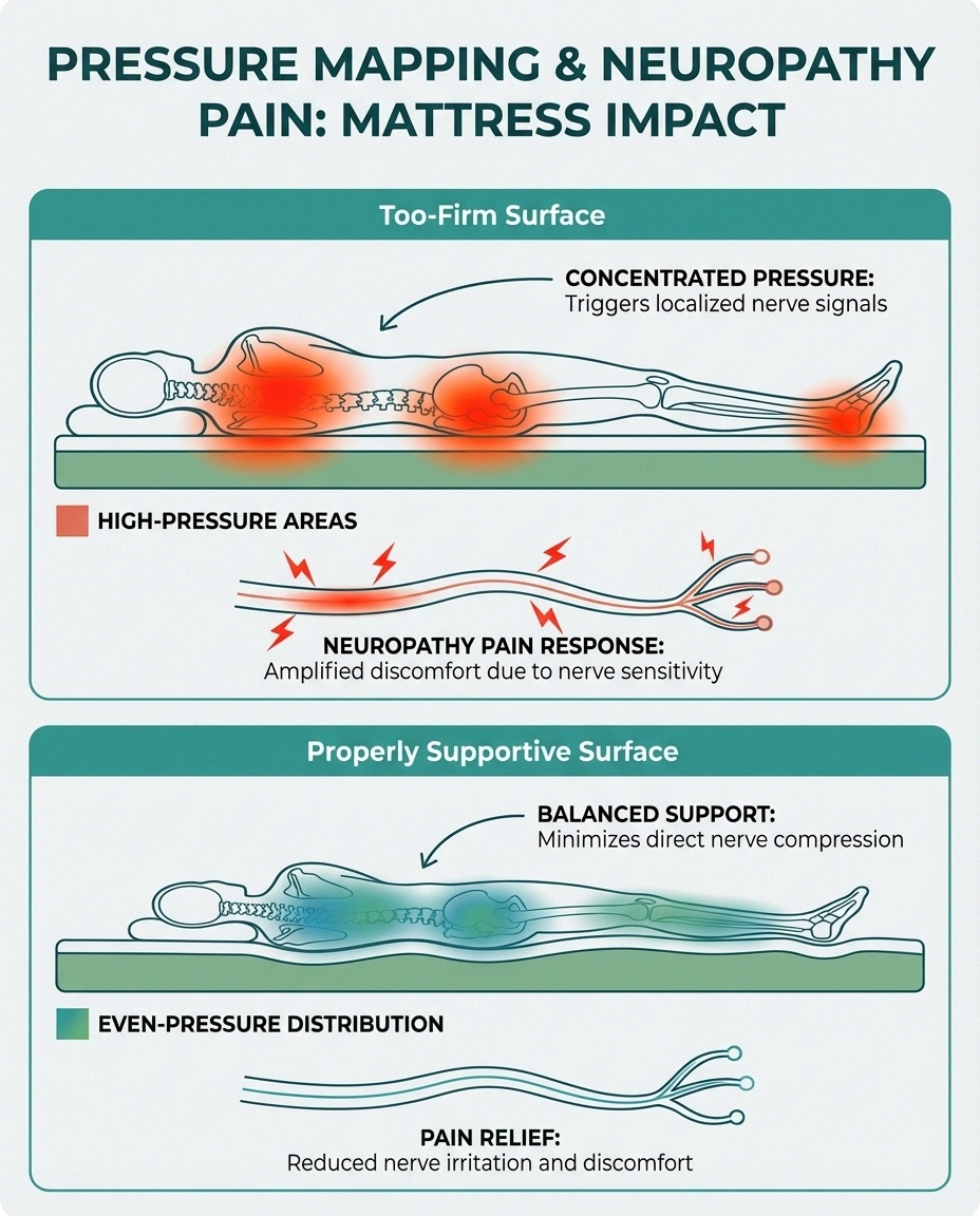 Pressure point comparison infographic showing how mattress firmness affects nerve pain in neuropathy patients