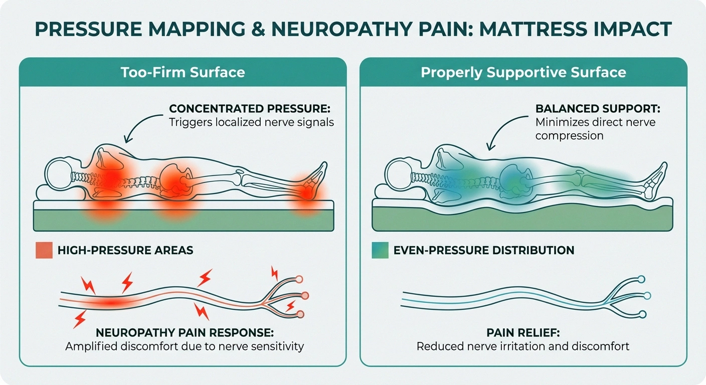 Pressure point comparison infographic showing how mattress firmness affects nerve pain in neuropathy patients