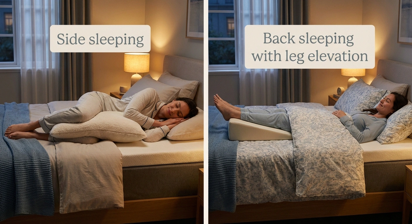 Two recommended sleeping positions for neuropathy relief showing side sleeping with knee pillow and back sleeping with elevated legs