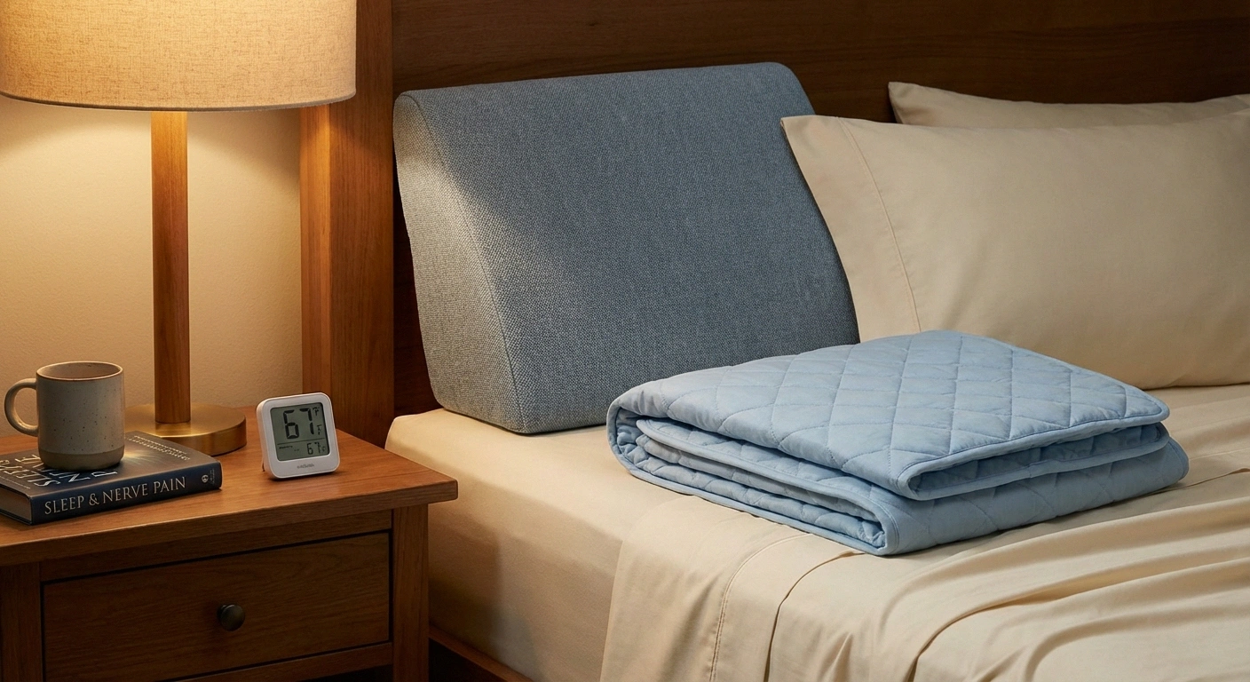 Sleep accessories for neuropathy relief including wedge pillow cooling pad and bamboo sheets on nightstand