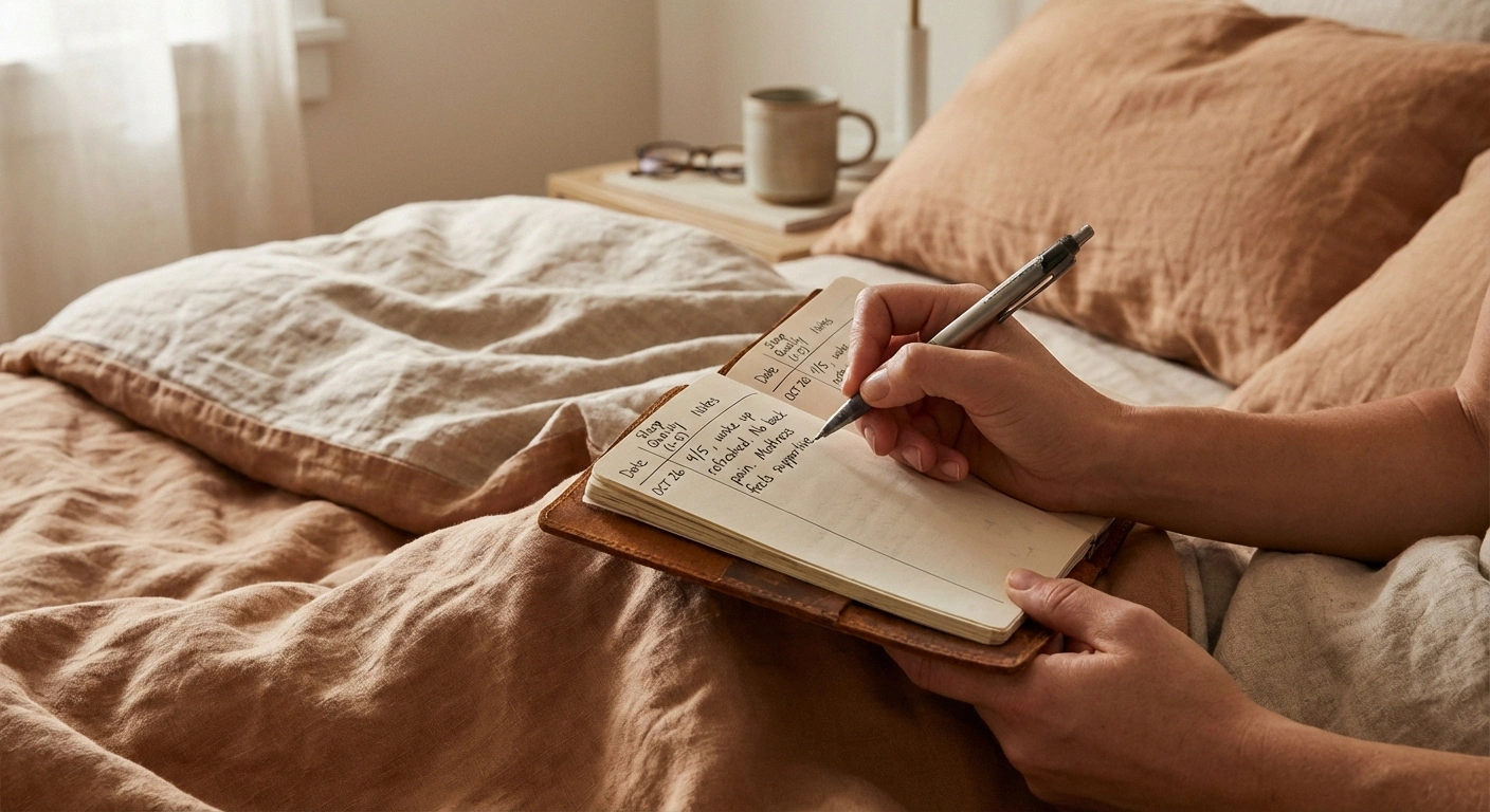 Person writing in sleep journal to track neuropathy symptoms during mattress trial period