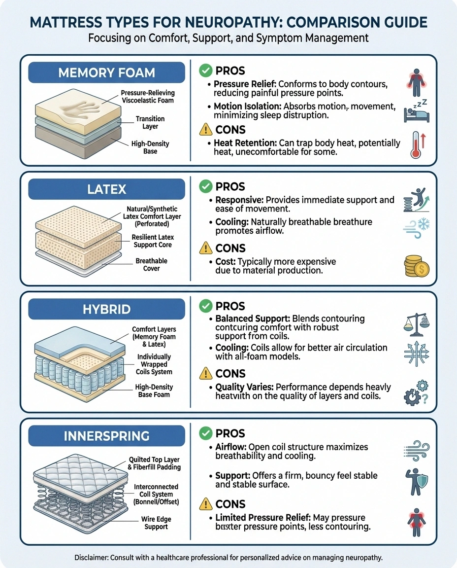Comparison infographic of four mattress types for neuropathy showing memory foam latex hybrid and innerspring pros and cons