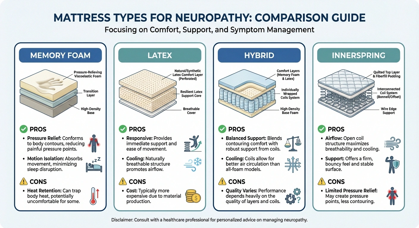 Comparison infographic of four mattress types for neuropathy showing memory foam latex hybrid and innerspring pros and cons