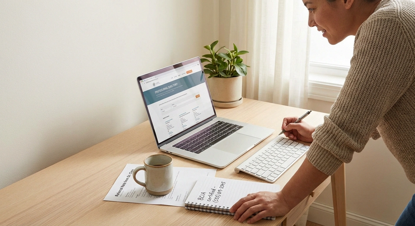 Person researching BCIA-certified biofeedback practitioners on a laptop with a notepad showing search criteria, representing the process of finding qualified neuropathy biofeedback therapy