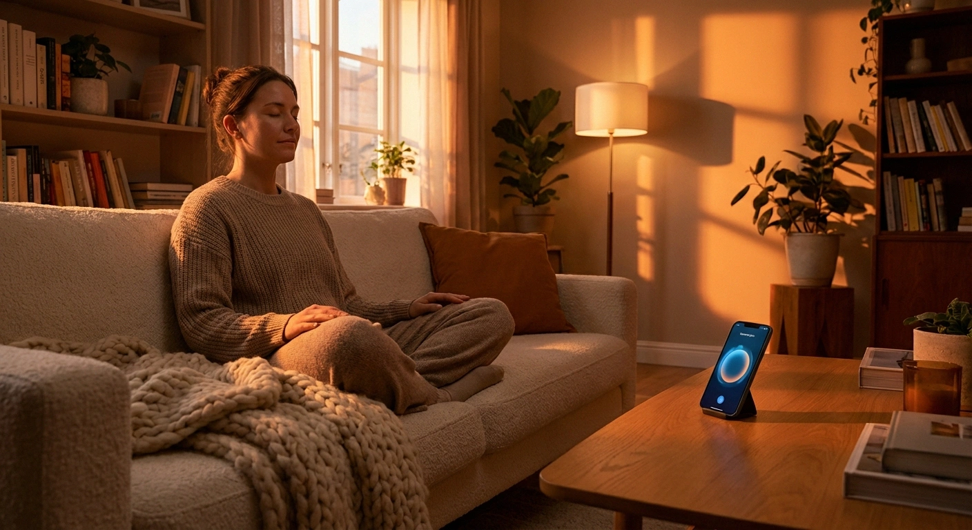 Person practicing home biofeedback breathing exercises in their living room with a smartphone app displaying a breathing guide for neuropathy pain management