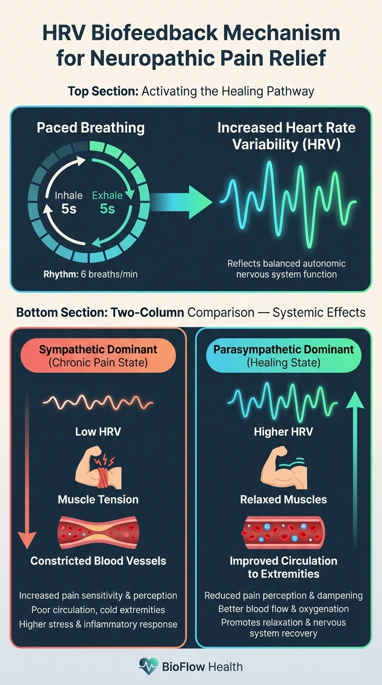 Infographic showing how HRV biofeedback paced breathing shifts the nervous system from sympathetic stress dominance to parasympathetic healing mode for neuropathic pain relief