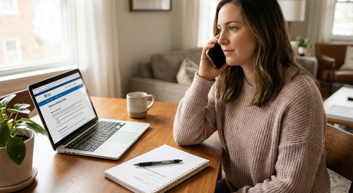 Person calling their insurance company about biofeedback coverage with CPT code notes in hand, representing the process of navigating health insurance for neuropathy biofeedback therapy