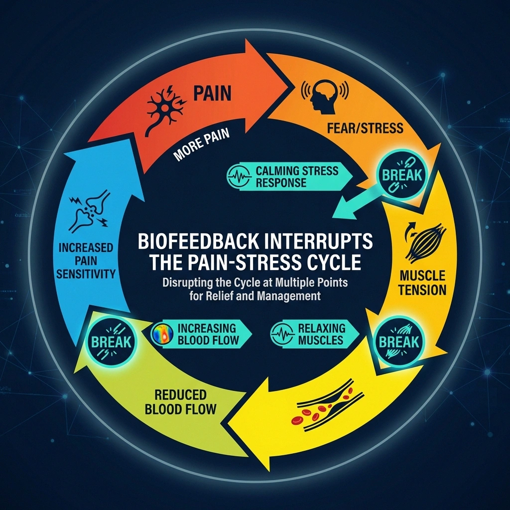 Circular diagram showing the neuropathic pain-stress cycle and how biofeedback therapy interrupts it at multiple points by reducing muscle tension, improving blood flow, and calming stress response