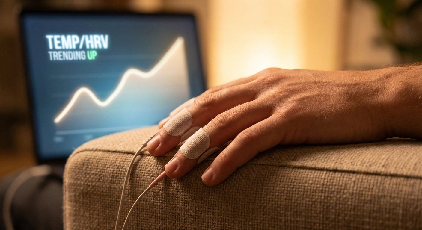Close-up of biofeedback sensors on a patient's fingertips with a monitor showing improving readings in the background during a neuropathy treatment session