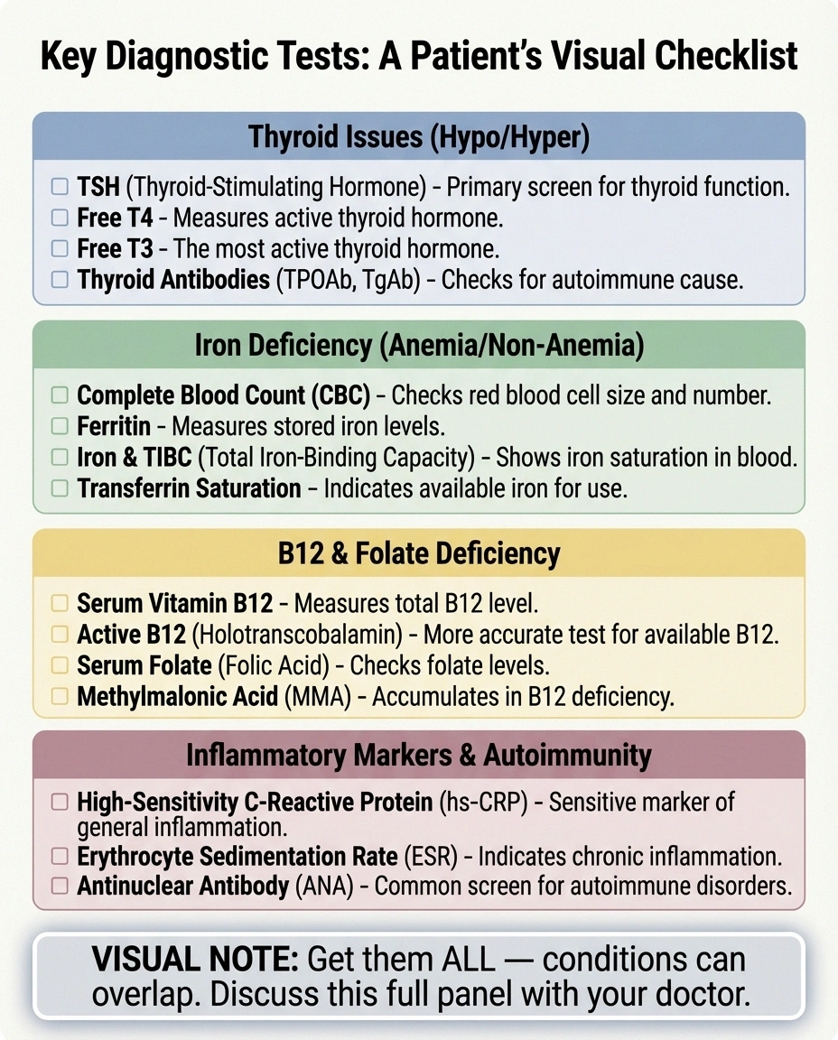 Diagnostic test checklist for four conditions causing burning feet including blood work nerve studies and imaging tests