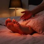 Person reaching for burning feet at night with warm glow suggesting nerve pain