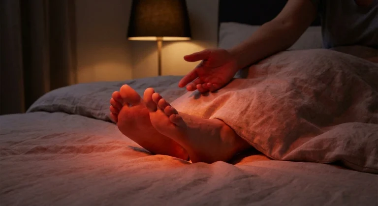 Person reaching for burning feet at night with warm glow suggesting nerve pain