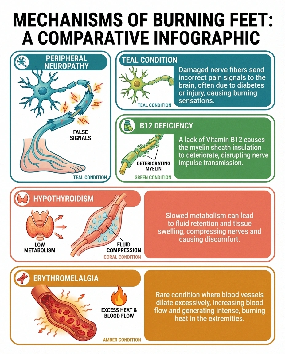 Infographic comparing four mechanisms causing burning feet including neuropathy B12 deficiency thyroid disease and erythromelalgia