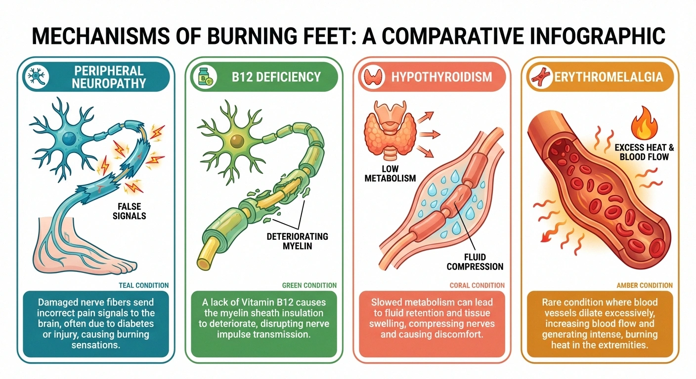 Infographic comparing four mechanisms causing burning feet including neuropathy B12 deficiency thyroid disease and erythromelalgia