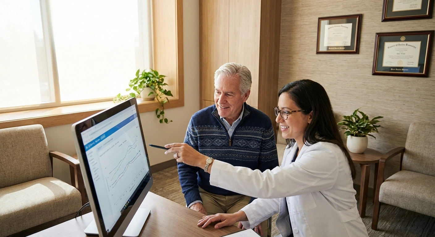 Patient and healthcare provider reviewing diagnostic information together in medical office