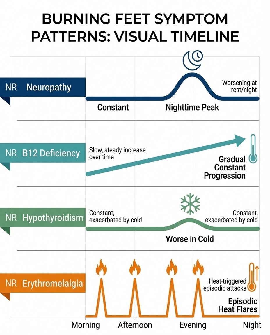 Visual comparison of timing patterns for burning feet showing neuropathy worsens at night while erythromelalgia occurs in episodic flares
