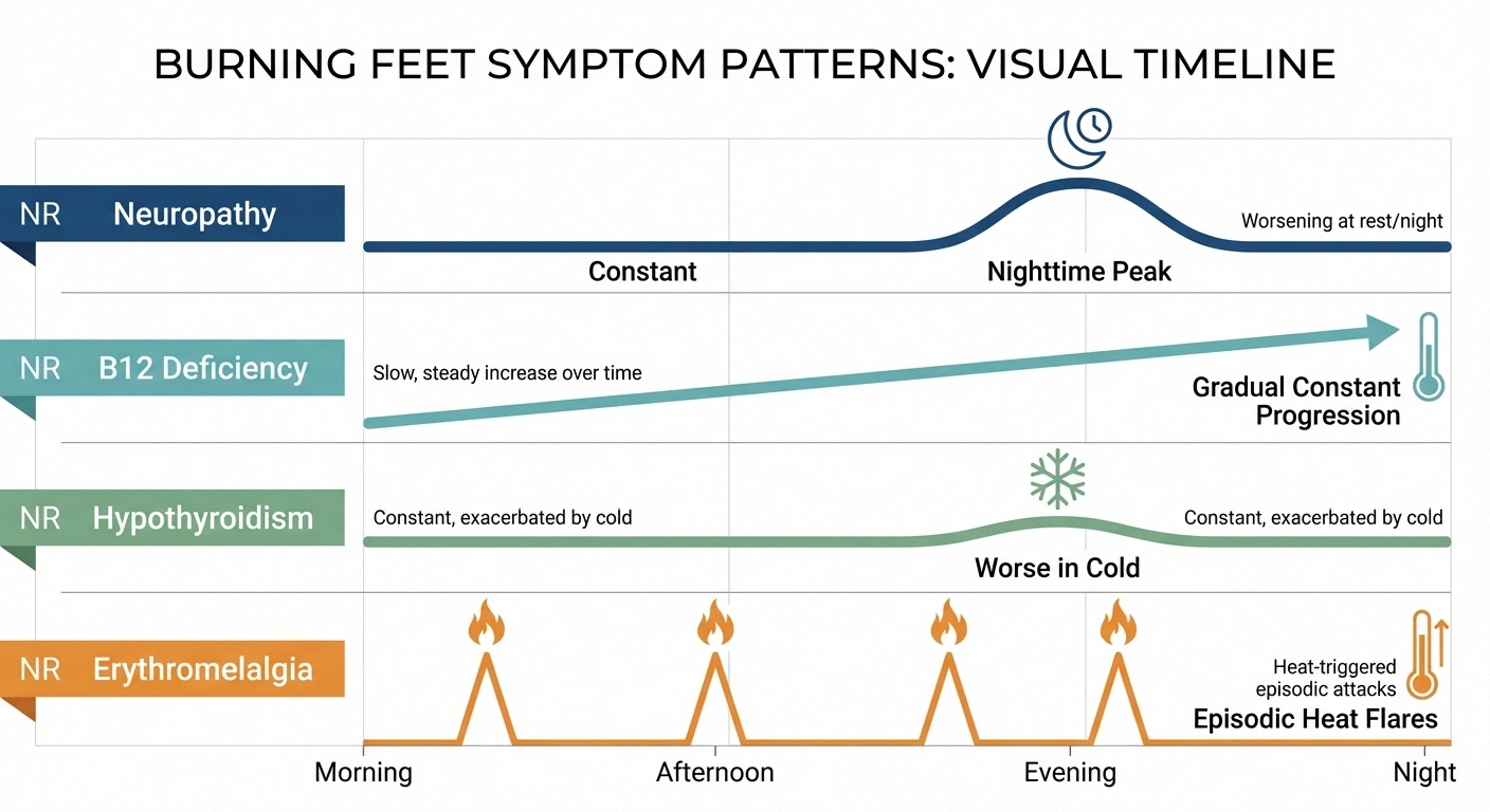Visual comparison of timing patterns for burning feet showing neuropathy worsens at night while erythromelalgia occurs in episodic flares