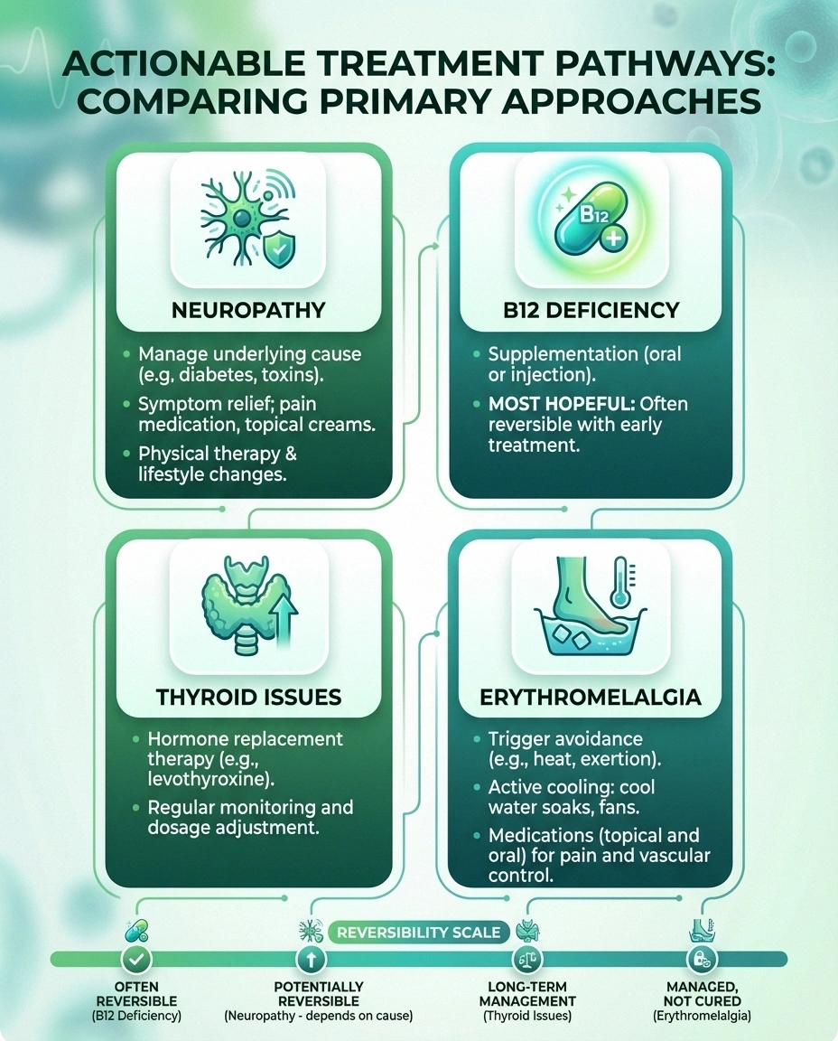 Treatment comparison infographic for four causes of burning feet showing B12 deficiency is most reversible
