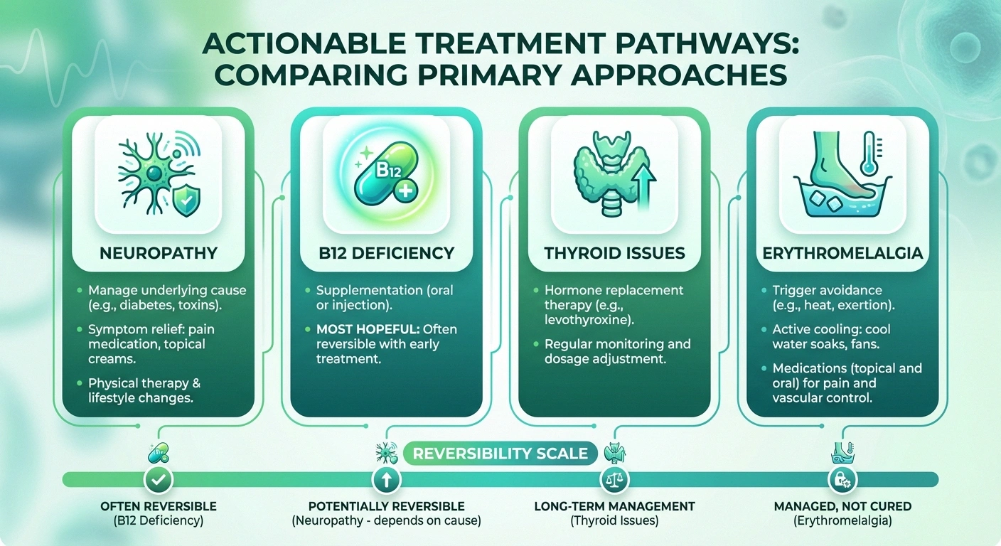 Treatment comparison infographic for four causes of burning feet showing B12 deficiency is most reversible