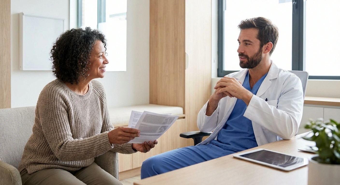 Patient discussing cannabis treatment options with their doctor in a medical office, showing the importance of medical guidance for cannabis use with neuropathy