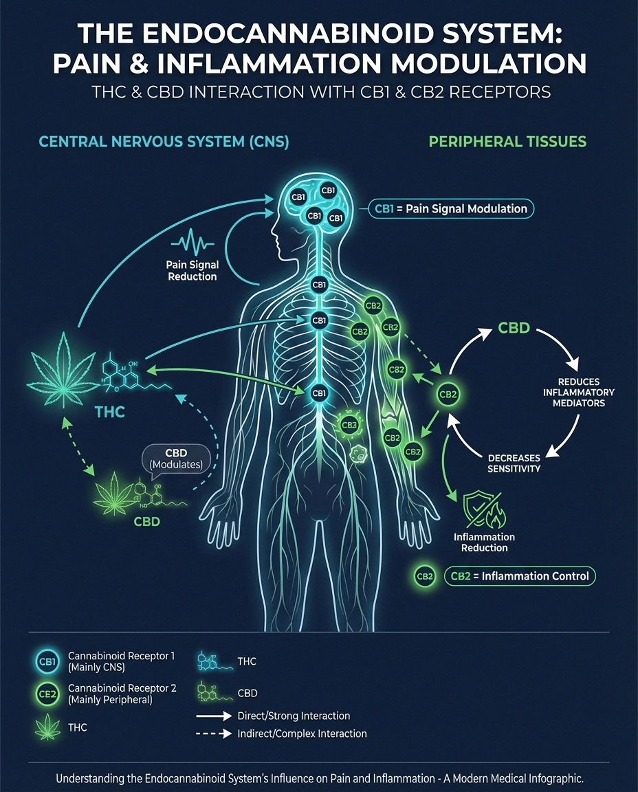 Infographic showing how THC and CBD interact with CB1 and CB2 cannabinoid receptors in the nervous system to modulate neuropathic pain