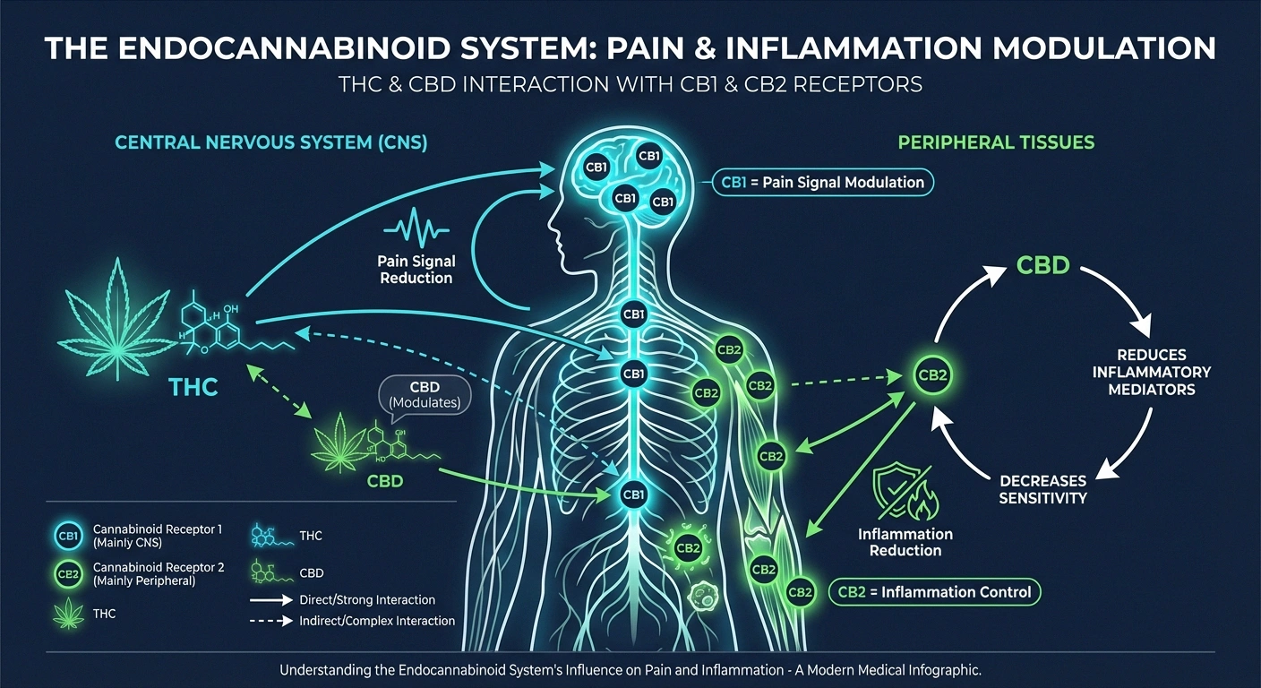 Infographic showing how THC and CBD interact with CB1 and CB2 cannabinoid receptors in the nervous system to modulate neuropathic pain