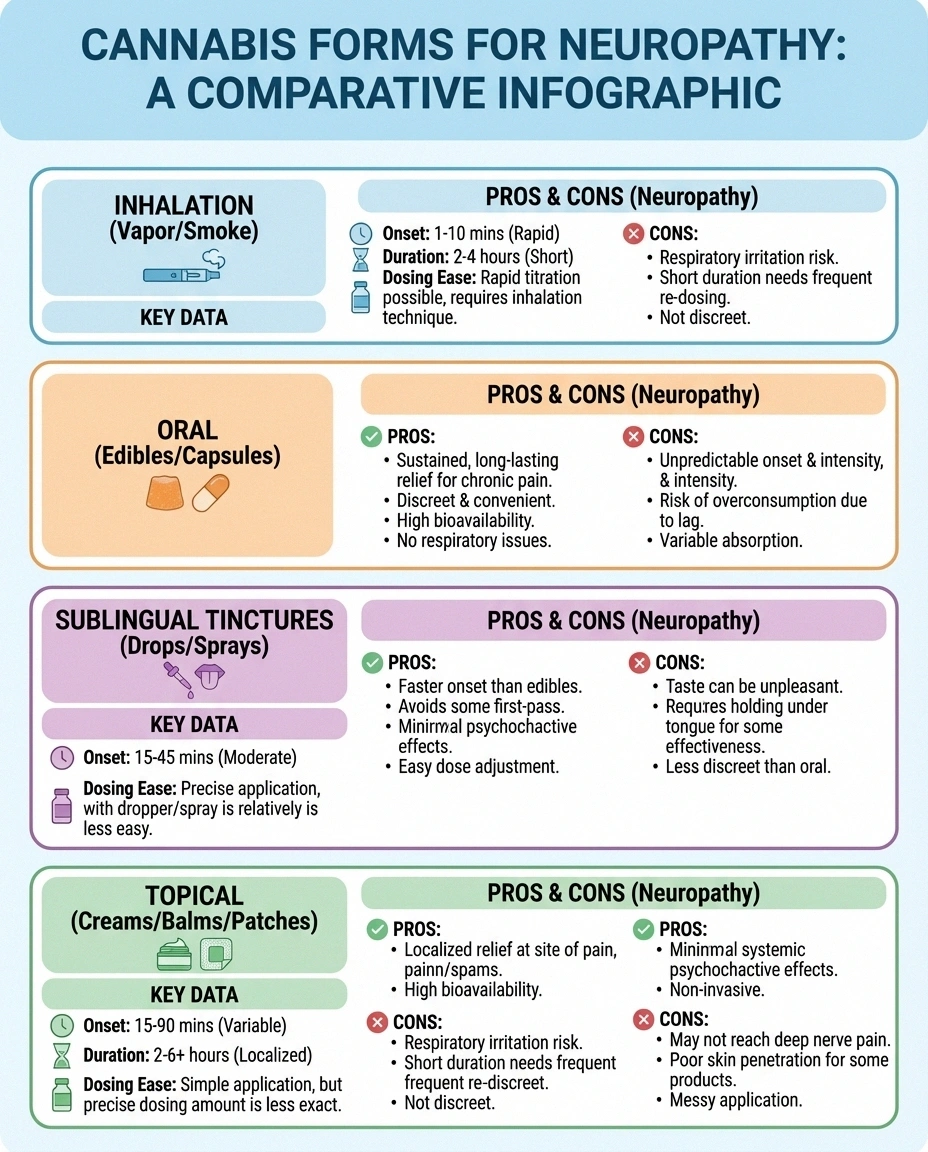 Comparison infographic of cannabis delivery methods for neuropathy including inhalation, edibles, tinctures, and topicals with onset times and duration