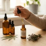 Cannabis leaf and medical tincture bottles on a wooden surface, representing cannabis-based treatments for neuropathy