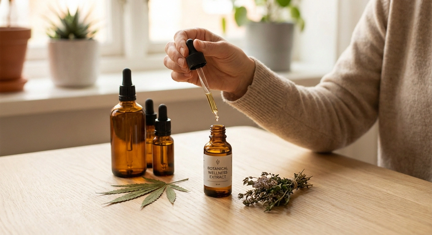Cannabis leaf and medical tincture bottles on a wooden surface, representing cannabis-based treatments for neuropathy