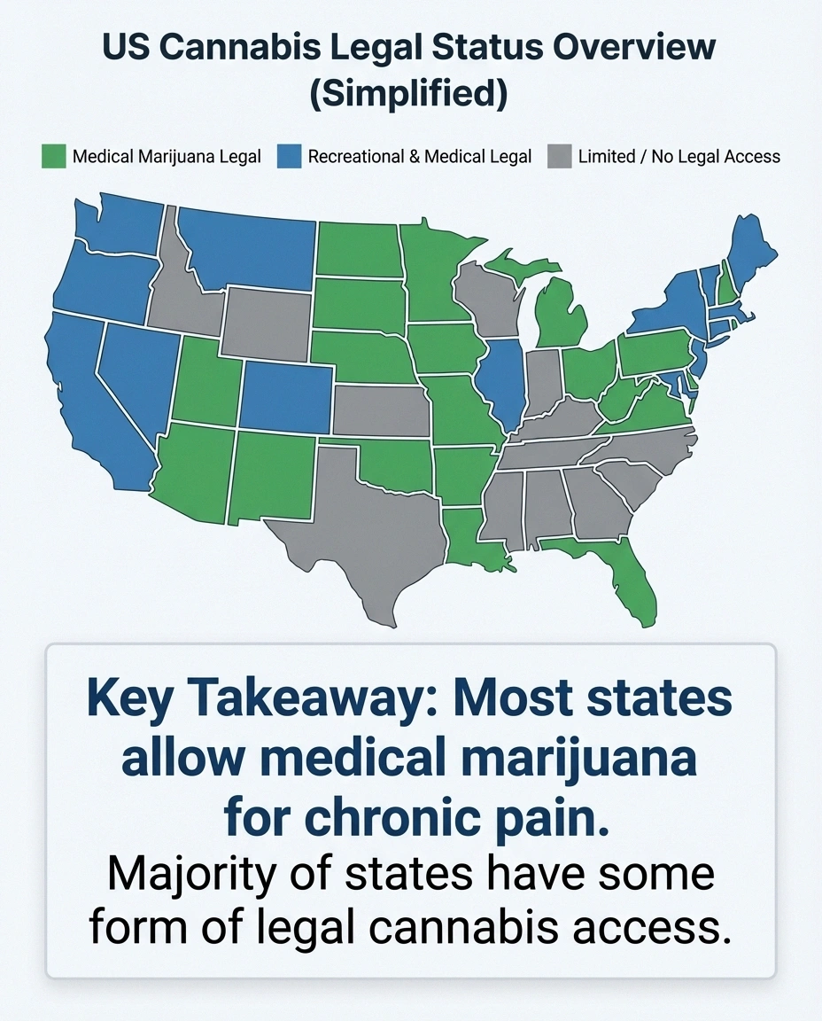 Infographic showing the legal status of medical and recreational cannabis across the United States, highlighting that most states allow medical marijuana for chronic pain