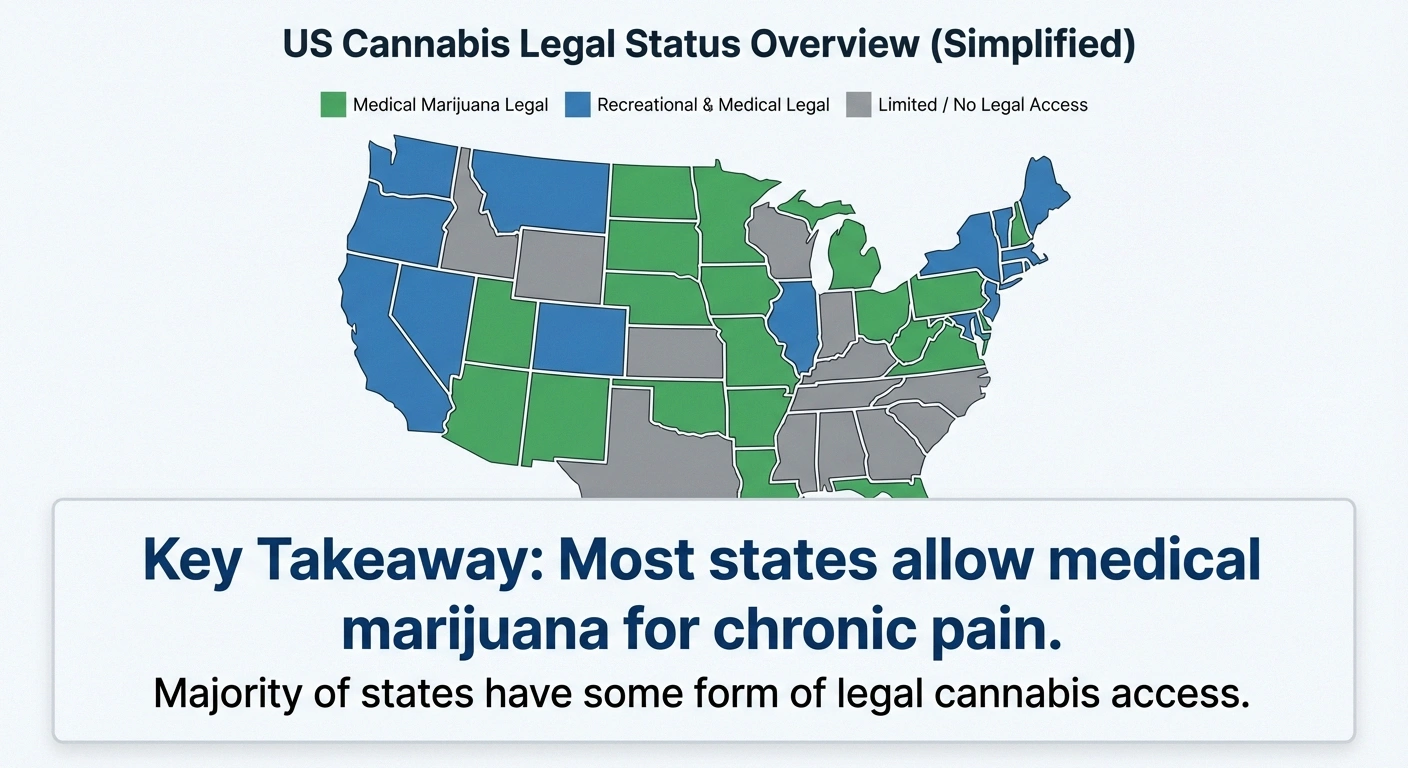 Infographic showing the legal status of medical and recreational cannabis across the United States, highlighting that most states allow medical marijuana for chronic pain