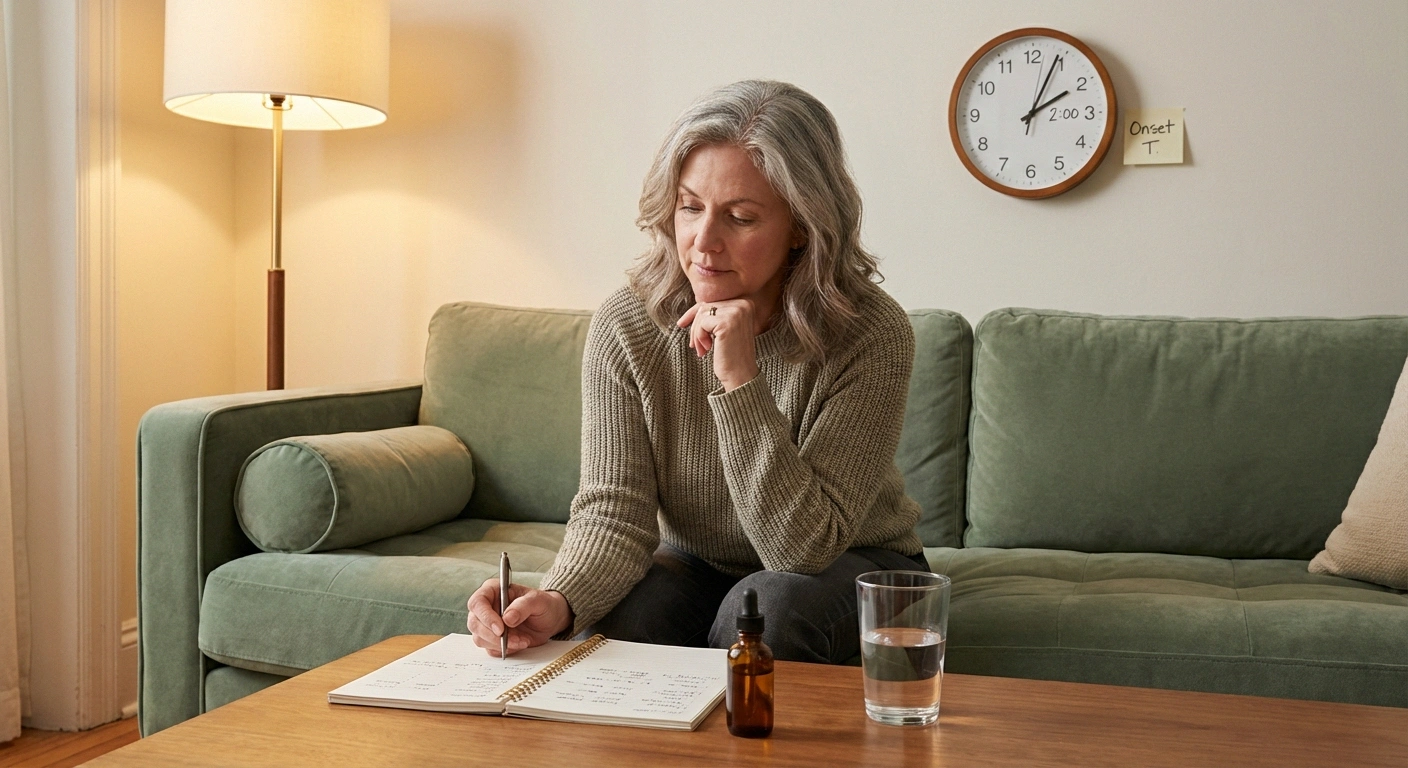 Person tracking their neuropathy pain response in a journal beside a cannabis tincture, representing patient monitoring of cannabis treatment onset and effectiveness