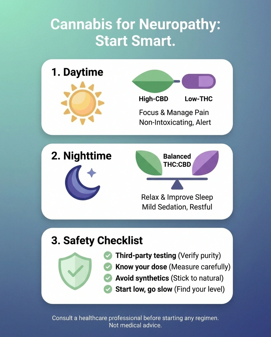 Quick-reference infographic for using cannabis safely for neuropathy, showing daytime and nighttime product recommendations and safety tips