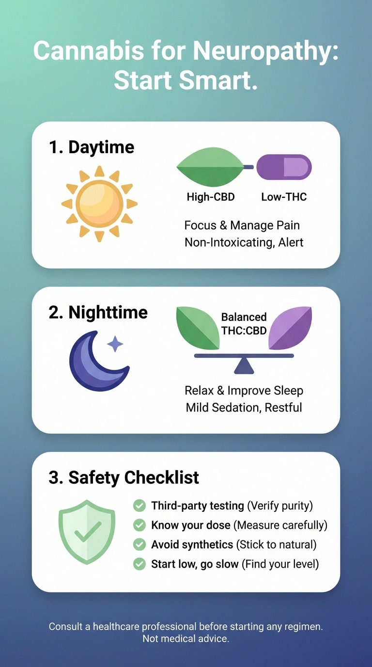 Quick-reference infographic for using cannabis safely for neuropathy, showing daytime and nighttime product recommendations and safety tips