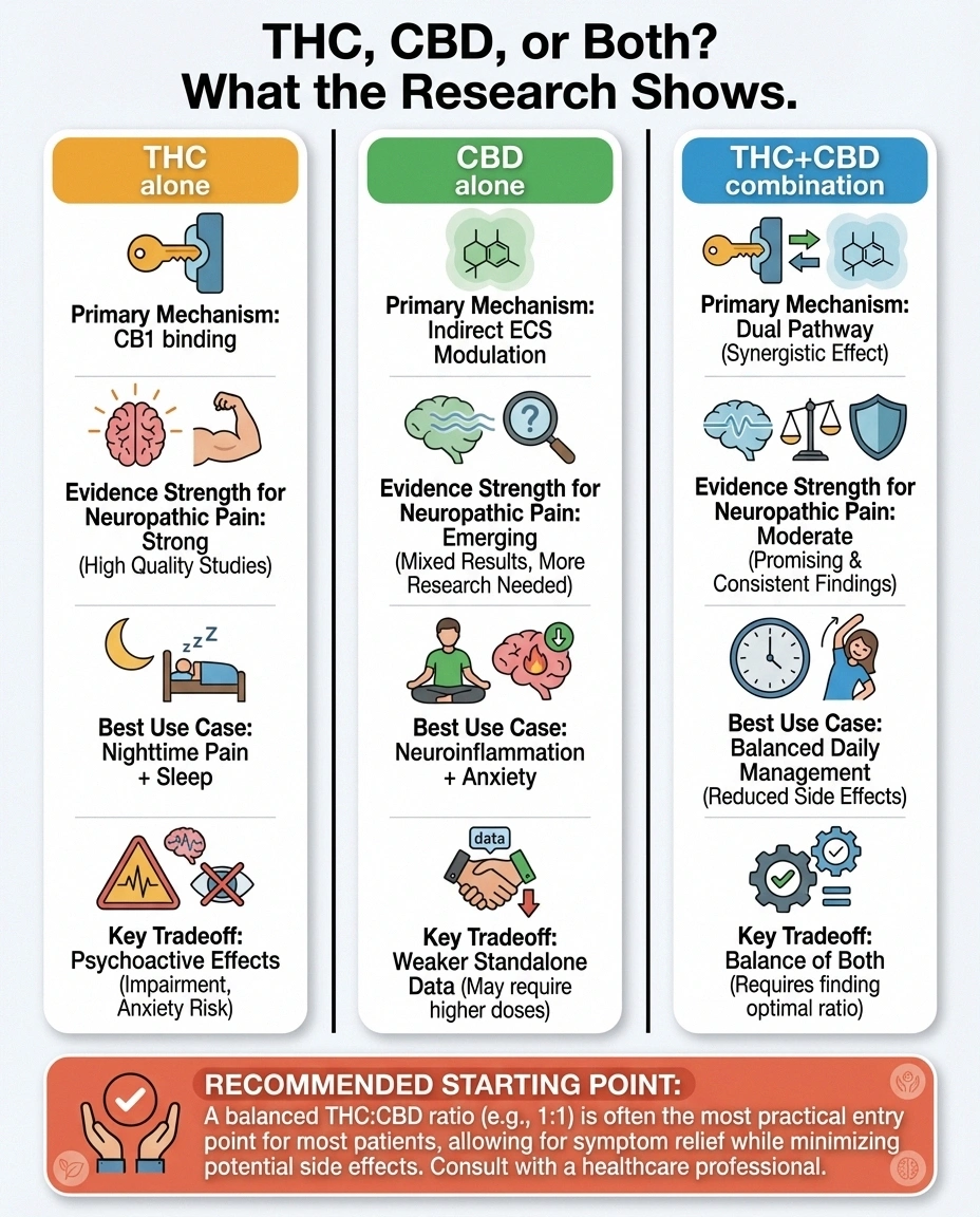 Comparison infographic of THC, CBD, and combined cannabis therapy for neuropathy showing evidence strength, mechanisms, and best-use case recommendations