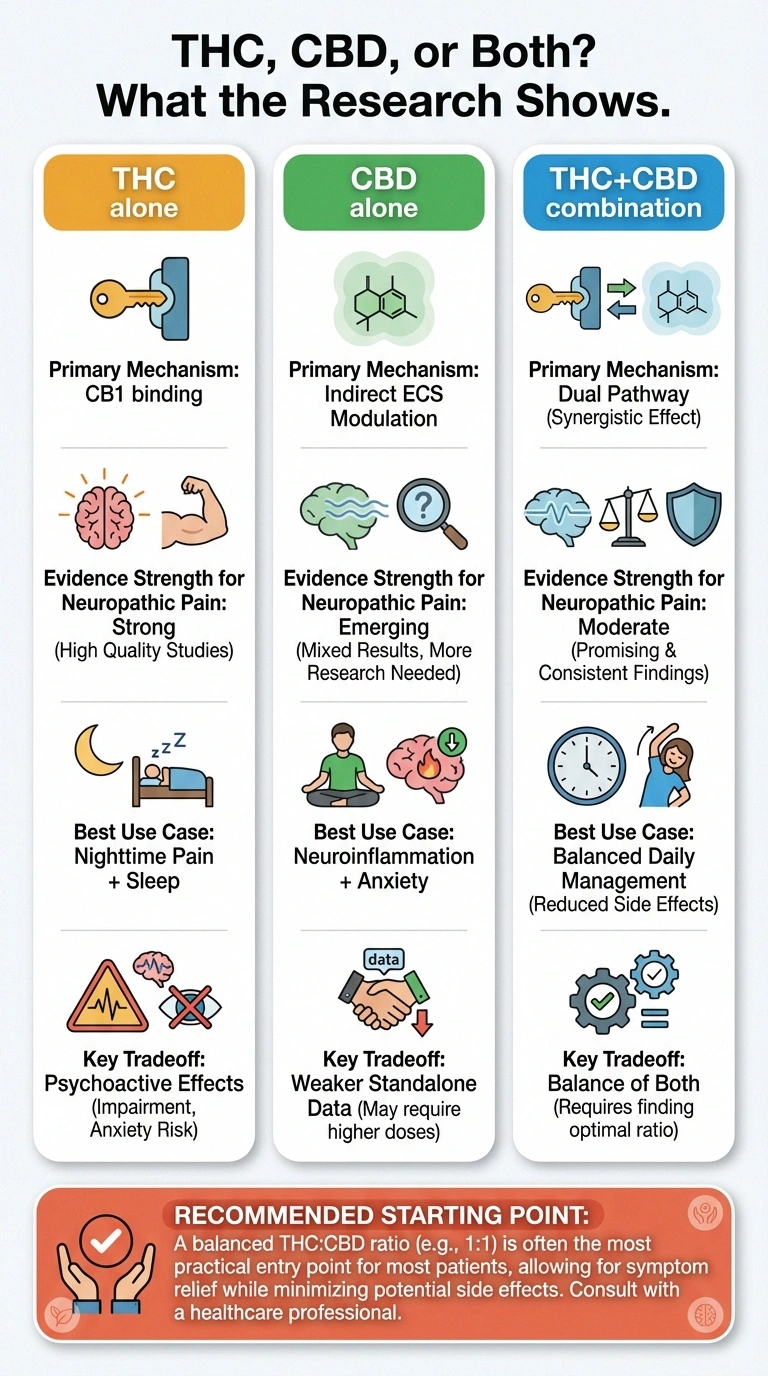 Comparison infographic of THC, CBD, and combined cannabis therapy for neuropathy showing evidence strength, mechanisms, and best-use case recommendations
