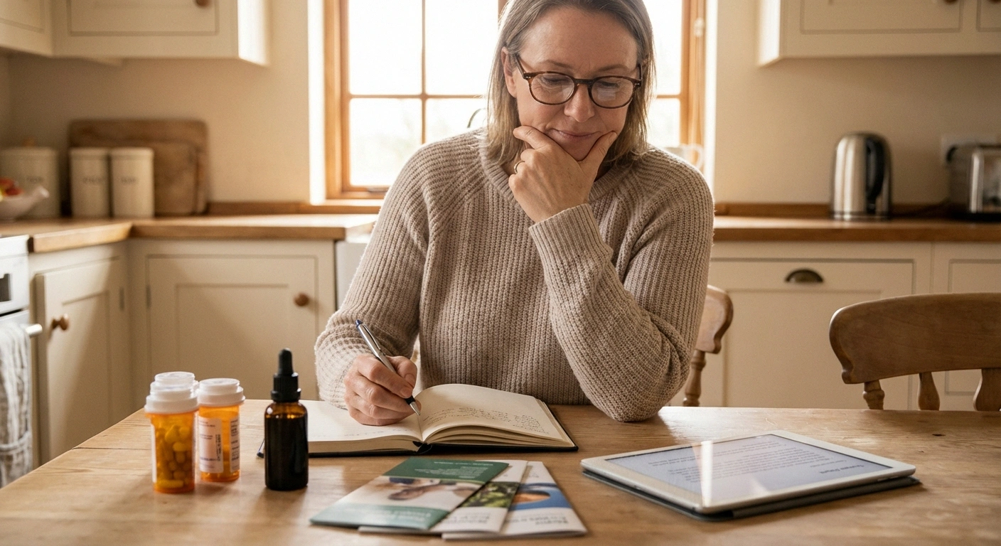 Person thoughtfully comparing cannabis products and medication bottles at a kitchen table, representing informed decision-making about cannabis for neuropathy