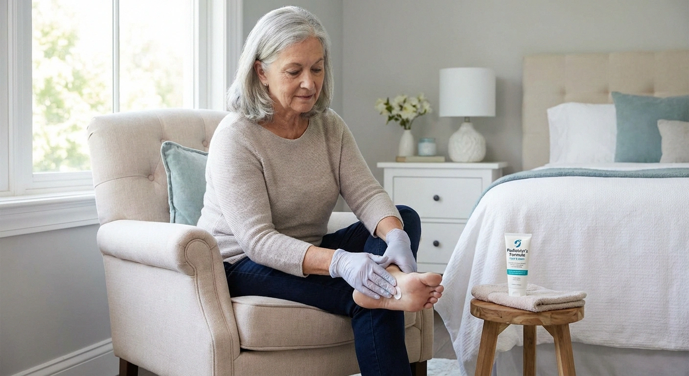 Older person sitting comfortably, applying cream to their foot with gloved hands. Clean bathroom or bedroom setting. Shows proper technique — thin layer, gloved application. Calm, methodical feel.